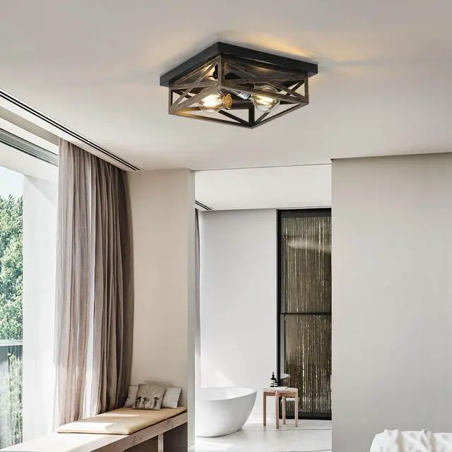 Alt view image 4 of 7 - 2Pack Rustic Flush Mount Ceiling Light Fixture, Modern Farmhouse Light Fixture, Kitchen Hallway Light Fixtures for Bedroom,Dining Room Entryway,Industrial Metal Cage Ceiling Light