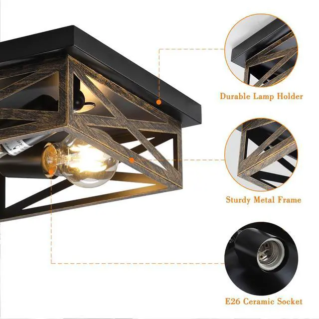 Alt view image 5 of 7 - 2Pack Rustic Flush Mount Ceiling Light Fixture, Modern Farmhouse Light Fixture, Kitchen Hallway Light Fixtures for Bedroom,Dining Room Entryway,Industrial Metal Cage Ceiling Light