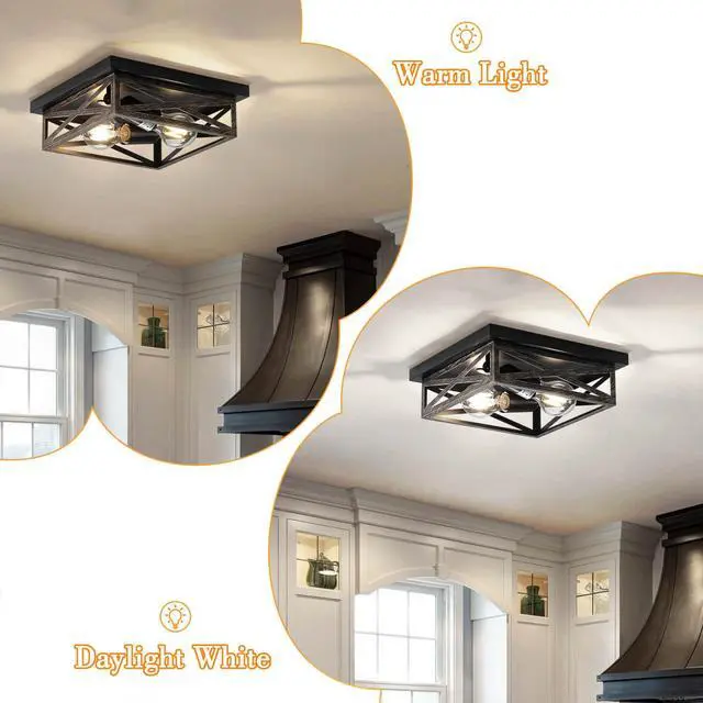 Alt view image 7 of 7 - 2Pack Rustic Flush Mount Ceiling Light Fixture, Modern Farmhouse Light Fixture, Kitchen Hallway Light Fixtures for Bedroom,Dining Room Entryway,Industrial Metal Cage Ceiling Light