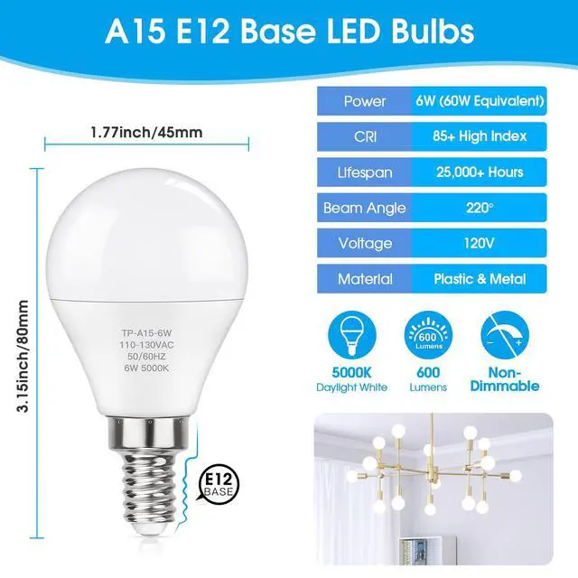 Alt view image 2 of 7 - E12 LED 60W Equivalent Daylight White 5000K Ceiling Fan Bulbs, 600LM CRI 85+ Candelabra Bulbs Small Base, 6W Non-Dimmable, Pack of 6
