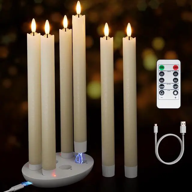 Main image of Rechargeable Flameless Taper Candles with Remote, Charging Base, 6 Pcs | 0.78x9.6" ivory wax LED tapers, 3D flicker, 2.5-hour USB-C charge, up to 160-hour runtime for Home Wedding Christmas Decor