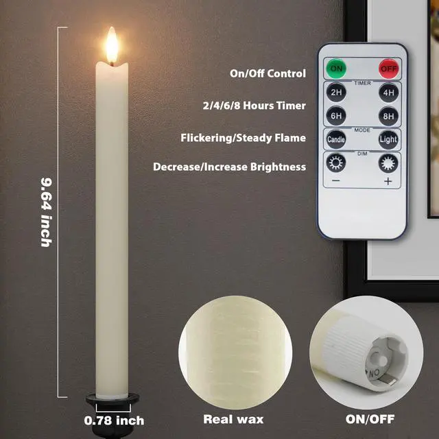 Alt view image 2 of 6 - Rechargeable Flameless Taper Candles with Remote, Charging Base, 6 Pcs | 0.78x9.6" ivory wax LED tapers, 3D flicker, 2.5-hour USB-C charge, up to 160-hour runtime for Home Wedding Christmas Decor