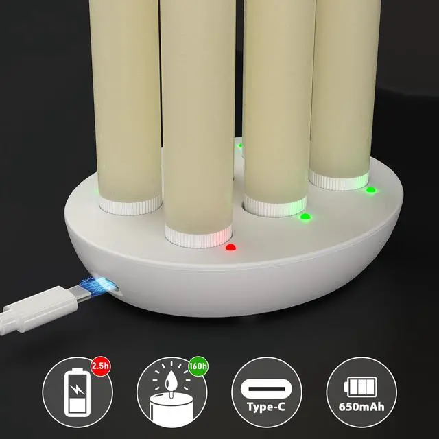 Alt view image 3 of 6 - Rechargeable Flameless Taper Candles with Remote, Charging Base, 6 Pcs | 0.78x9.6" ivory wax LED tapers, 3D flicker, 2.5-hour USB-C charge, up to 160-hour runtime for Home Wedding Christmas Decor
