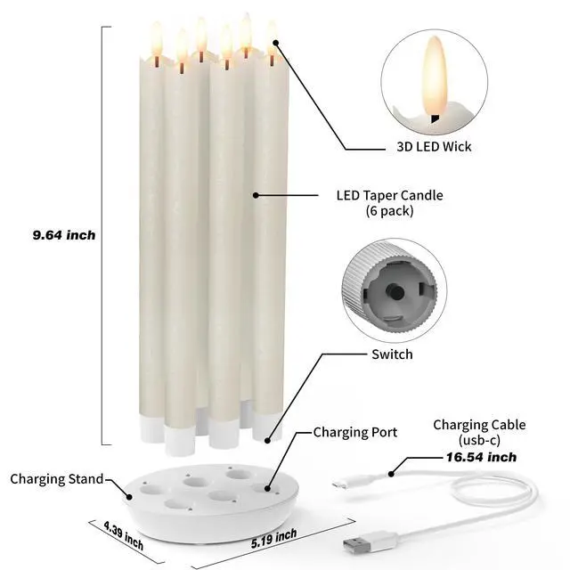 Alt view image 4 of 6 - Rechargeable Flameless Taper Candles with Remote, Charging Base, 6 Pcs | 0.78x9.6" ivory wax LED tapers, 3D flicker, 2.5-hour USB-C charge, up to 160-hour runtime for Home Wedding Christmas Decor