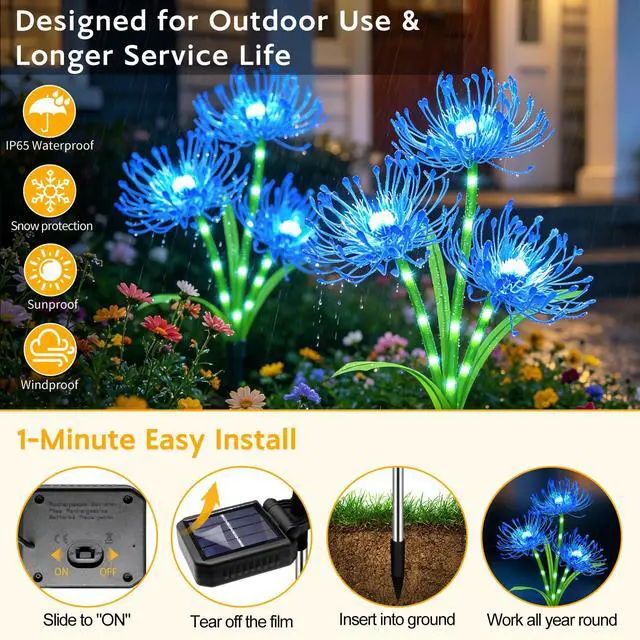 Alt view image 3 of 7 - Solar Lights Outdoor, 4 Pack Blue Spider Lily Garden Flower Lights | 3Heads per Stem& Individual Solar Panels, Warm White LED Waterproof Yard Lawn Pathway Decor,Decorative Garden Gifts for Women