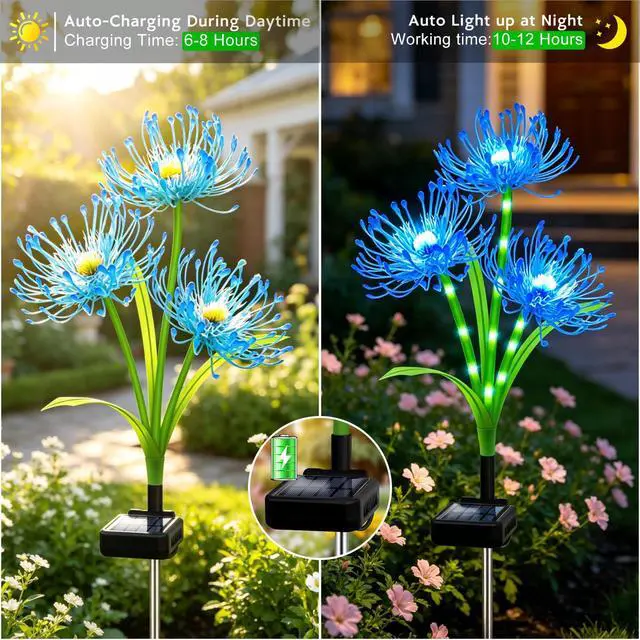 Alt view image 2 of 7 - Solar Lights Outdoor, 4 Pack Blue Spider Lily Garden Flower Lights | 3Heads per Stem& Individual Solar Panels, Warm White LED Waterproof Yard Lawn Pathway Decor,Decorative Garden Gifts for Women