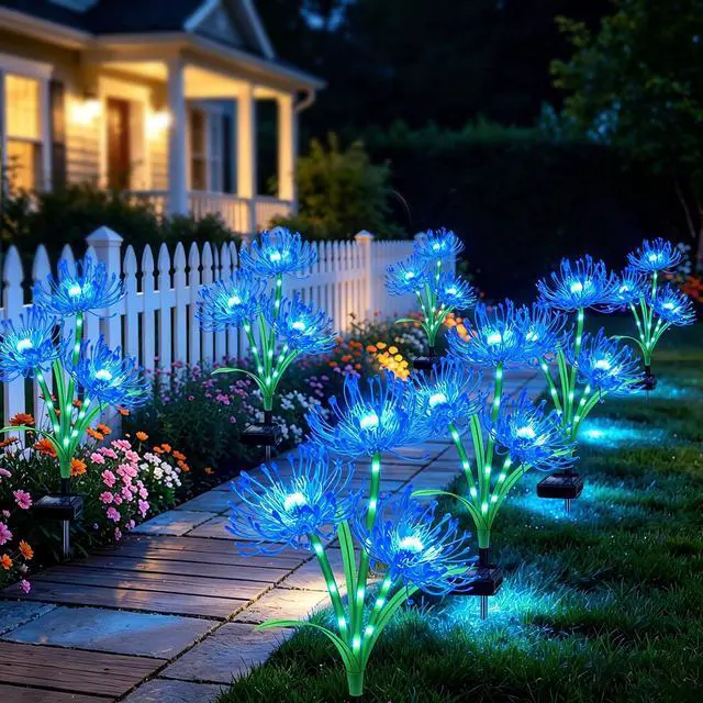 Alt view image 4 of 7 - Solar Lights Outdoor, 4 Pack Blue Spider Lily Garden Flower Lights | 3Heads per Stem& Individual Solar Panels, Warm White LED Waterproof Yard Lawn Pathway Decor,Decorative Garden Gifts for Women
