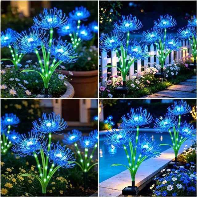 Alt view image 5 of 7 - Solar Lights Outdoor, 4 Pack Blue Spider Lily Garden Flower Lights | 3Heads per Stem& Individual Solar Panels, Warm White LED Waterproof Yard Lawn Pathway Decor,Decorative Garden Gifts for Women