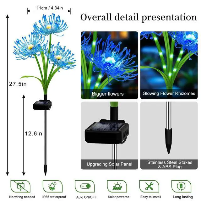 Alt view image 7 of 7 - Solar Lights Outdoor, 4 Pack Blue Spider Lily Garden Flower Lights | 3Heads per Stem& Individual Solar Panels, Warm White LED Waterproof Yard Lawn Pathway Decor,Decorative Garden Gifts for Women