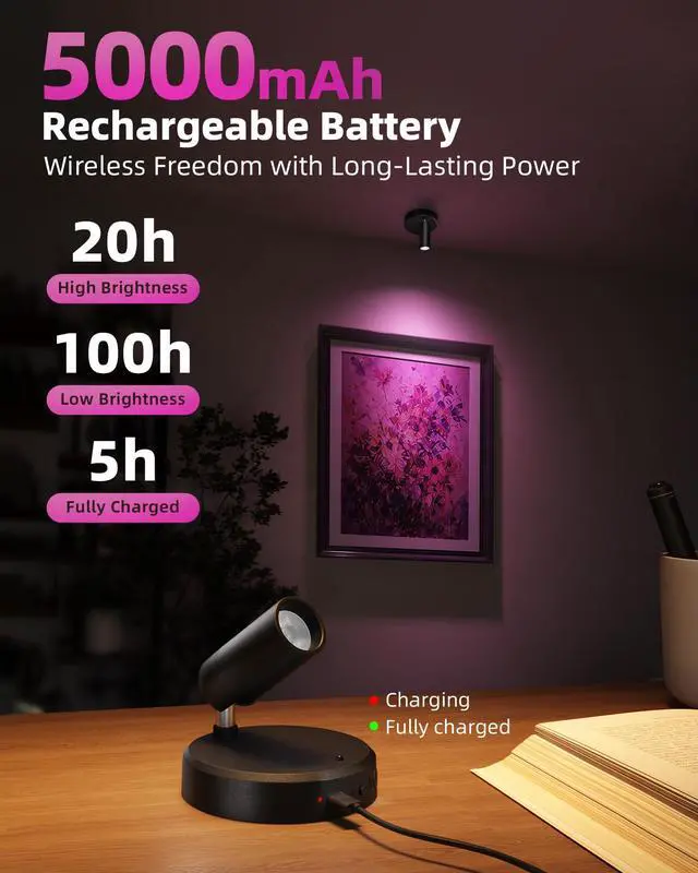 Alt view image 2 of 7 - RGB Indoor Spotlights, Accent Lights, Plant Uplights | 5000mAh Rechargeable, Color Changing, DIY Mode, Wireless, Magnetic, Remote, Diammble, Arts, Pictures, Displays