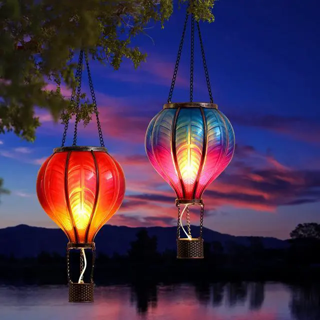 Alt view image 2 of 7 - 2 Pcs Hot Air Balloon Solar Lantern Outdoor Garden Decor, Waterproof Hanging Solar Lantern with Flickering Flame Light for Yard Tree,Gift for Mom Lovers,18"