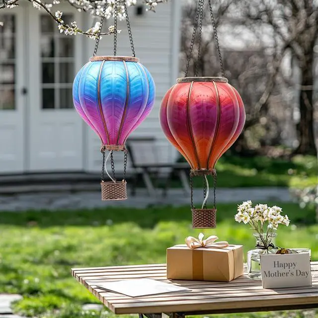 Alt view image 3 of 7 - 2 Pcs Hot Air Balloon Solar Lantern Outdoor Garden Decor, Waterproof Hanging Solar Lantern with Flickering Flame Light for Yard Tree,Gift for Mom Lovers,18"