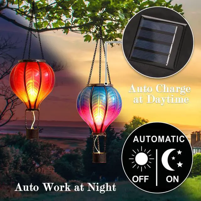 Alt view image 4 of 7 - 2 Pcs Hot Air Balloon Solar Lantern Outdoor Garden Decor, Waterproof Hanging Solar Lantern with Flickering Flame Light for Yard Tree,Gift for Mom Lovers,18"