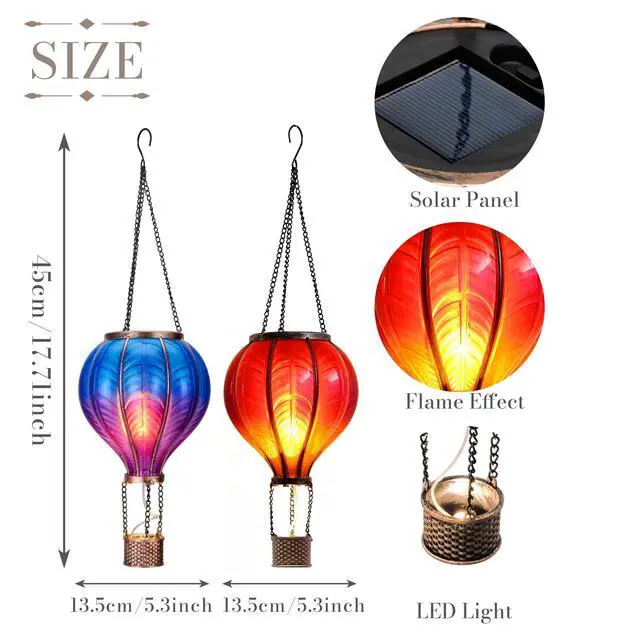 Alt view image 5 of 7 - 2 Pcs Hot Air Balloon Solar Lantern Outdoor Garden Decor, Waterproof Hanging Solar Lantern with Flickering Flame Light for Yard Tree,Gift for Mom Lovers,18"