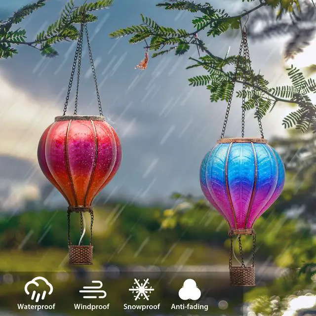 Alt view image 6 of 7 - 2 Pcs Hot Air Balloon Solar Lantern Outdoor Garden Decor, Waterproof Hanging Solar Lantern with Flickering Flame Light for Yard Tree,Gift for Mom Lovers,18"