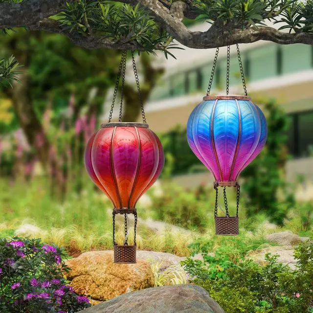 Alt view image 7 of 7 - 2 Pcs Hot Air Balloon Solar Lantern Outdoor Garden Decor, Waterproof Hanging Solar Lantern with Flickering Flame Light for Yard Tree,Gift for Mom Lovers,18"