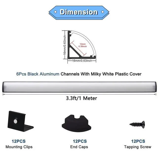 Alt view image 2 of 6 - 6Pack 3.3 ft Black LED Aluminum Channel with Milky White Cover V Shape 16x16mm, Led Strip Light Track with Accessories for Led Strip Lights in Home Lighting