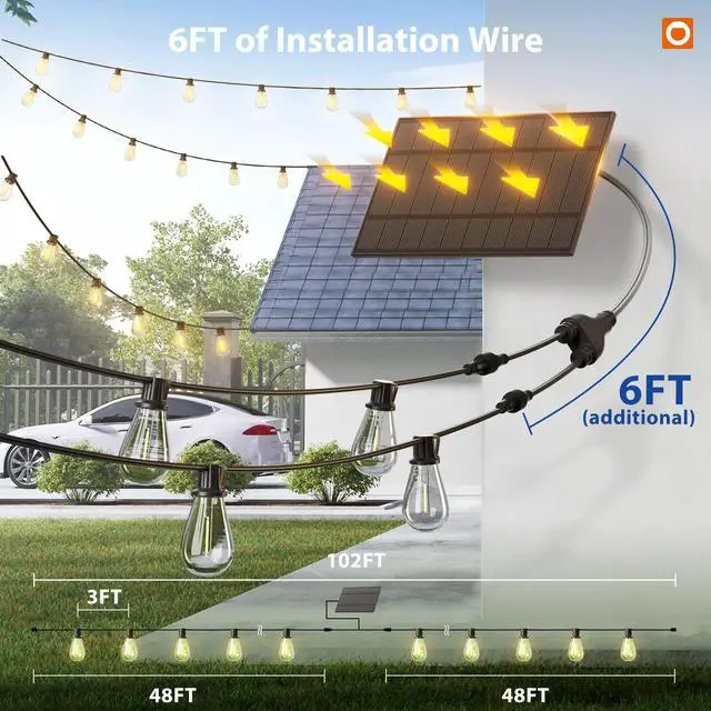 Alt view image 6 of 7 - 102FT(96FT+6) Solar String Lights Outdoor, Waterproof, Last 20+ Hrs | 34 Shatterproof LED Bulbs, USB Charging, Dimmable, Timer Remote, Easy Install for Garden, Backyard, Pergola and Party