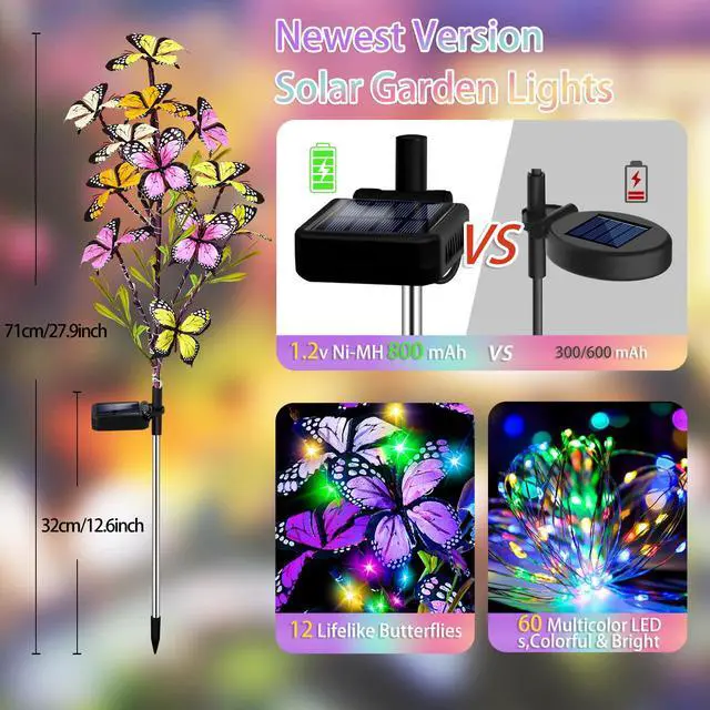Alt view image 2 of 7 - Solar Garden Lights Outdoor, Waterproof 2 Pack Solar Butterfly Lights with 60 LED 12 Butterfly Colorful Lighting for Garden Yard Lawn Outdoor Decor, Gift for Mom Women Mother's Day