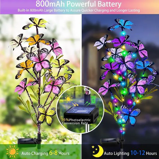 Alt view image 3 of 7 - Solar Garden Lights Outdoor, Waterproof 2 Pack Solar Butterfly Lights with 60 LED 12 Butterfly Colorful Lighting for Garden Yard Lawn Outdoor Decor, Gift for Mom Women Mother's Day
