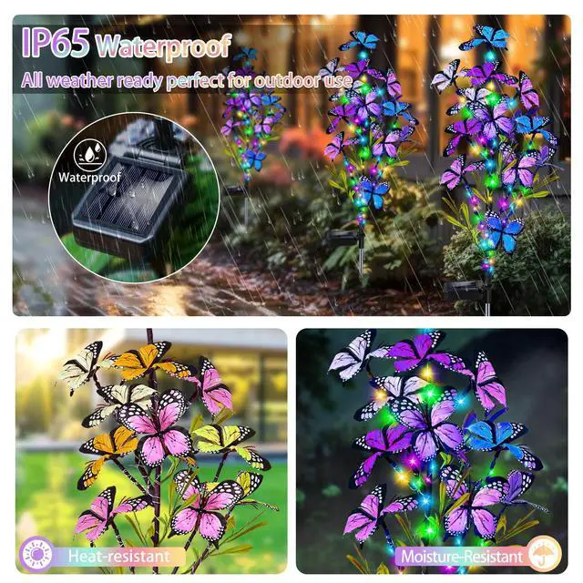 Alt view image 4 of 7 - Solar Garden Lights Outdoor, Waterproof 2 Pack Solar Butterfly Lights with 60 LED 12 Butterfly Colorful Lighting for Garden Yard Lawn Outdoor Decor, Gift for Mom Women Mother's Day