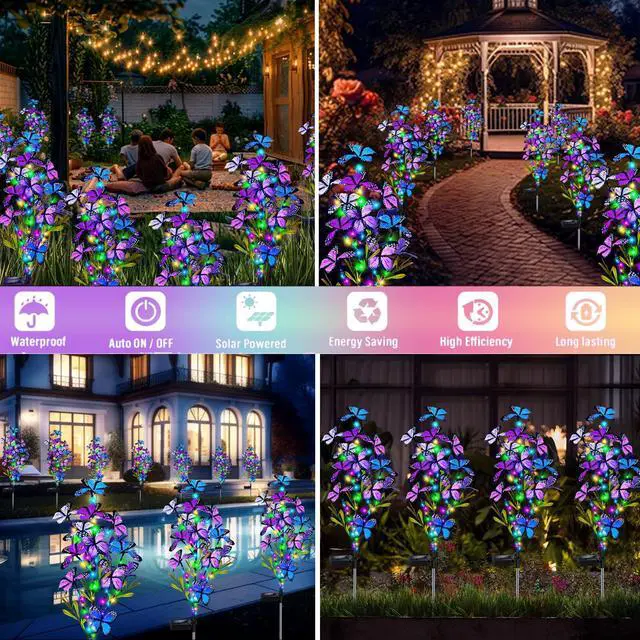 Alt view image 6 of 7 - Solar Garden Lights Outdoor, Waterproof 2 Pack Solar Butterfly Lights with 60 LED 12 Butterfly Colorful Lighting for Garden Yard Lawn Outdoor Decor, Gift for Mom Women Mother's Day