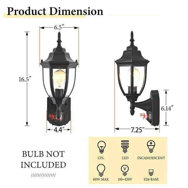 Alt view image 6 of 7 - Porch Lights Outdoor Motion Sensor Wall Sconce Anti-Rust Aluminum, Exterior Outdoor Wall Lights Dusk to Dawn Porch Light Fixture Wall Mount for House Outside Patio