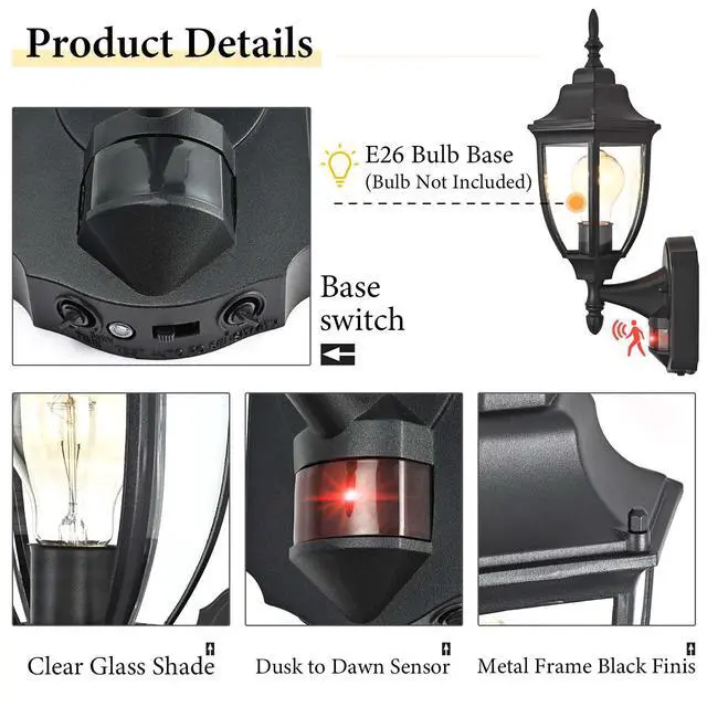 Alt view image 7 of 7 - Porch Lights Outdoor Motion Sensor Wall Sconce Anti-Rust Aluminum, Exterior Outdoor Wall Lights Dusk to Dawn Porch Light Fixture Wall Mount for House Outside Patio