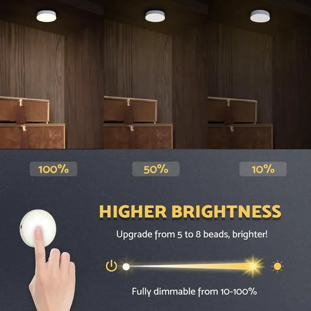 Alt view image 3 of 6 - Rechargeable Puck Lights 2-Pack, Magnetic Tap Light, Warm Yellow | Dimmable touch control, magnetic & adhesive mounting, 1000mAh rechargeable battery, 8 LED beads, brightness memory