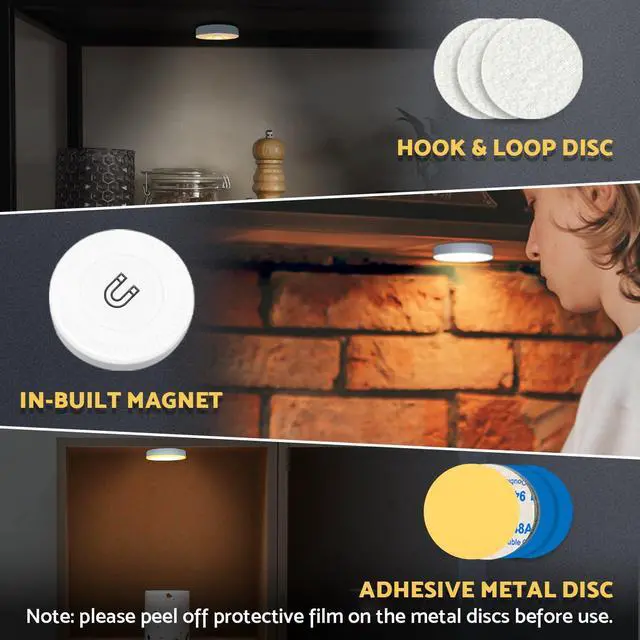 Alt view image 4 of 6 - Rechargeable Puck Lights 2-Pack, Magnetic Tap Light, Warm Yellow | Dimmable touch control, magnetic & adhesive mounting, 1000mAh rechargeable battery, 8 LED beads, brightness memory