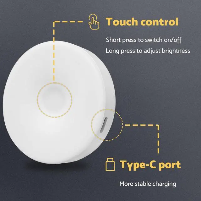 Alt view image 6 of 6 - Rechargeable Puck Lights 2-Pack, Magnetic Tap Light, Warm Yellow | Dimmable touch control, magnetic & adhesive mounting, 1000mAh rechargeable battery, 8 LED beads, brightness memory