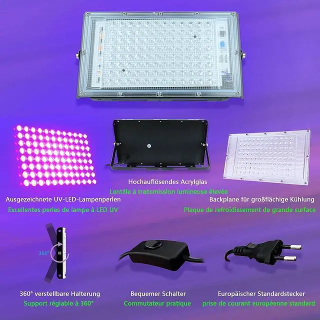 Alt view image 6 of 7 - 100W LED UV Black Light, Powerful UV Spotlight, IP66, 395nm Lamp for Christmas, Halloween Glow Party (2 Packs)
