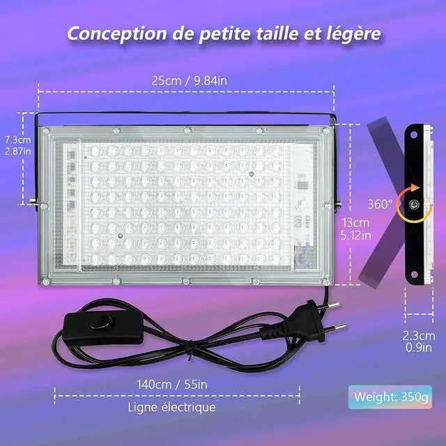 Alt view image 7 of 7 - 100W LED UV Black Light, Powerful UV Spotlight, IP66, 395nm Lamp for Christmas, Halloween Glow Party (2 Packs)