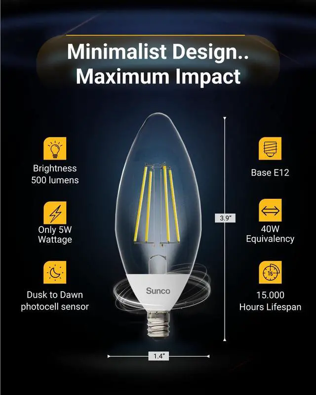 Alt view image 3 of 7 - Sunco B11 Candelabra LED Bulb, Dusk to Dawn, E12, 5W=40W, 2700K | 500LM, Soft White, Small Base, Photocell Sensor, Edison Filament, for Porch Lighting, Outdoor (40W Equivalent)