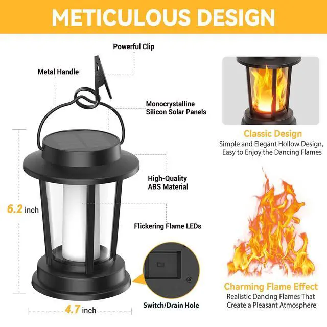 Alt view image 5 of 7 - Solar Lanterns Outdoor Waterproof, Upgraded Flickering Flame Solar Lights Outdoor, Solar Powered Lanterns Decorative, Hanging Solar Lantern for Garden Yard Patio Path Porch Tree Decor 2 Pack