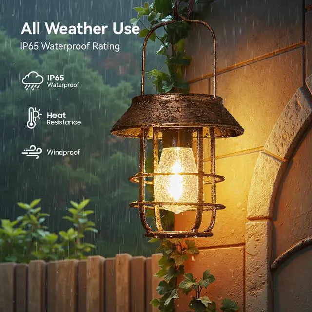 Alt view image 2 of 7 - 2 Pack Solar Lanterns Outdoor Waterproof, High Brightness Hanging Solar Lights for Outside with Wall Hooks, Retro Metal Outdoor Lanterns Auto On/Off for Garden, Porch, Patio, Yard Decor