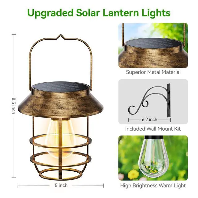 Alt view image 3 of 7 - 2 Pack Solar Lanterns Outdoor Waterproof, High Brightness Hanging Solar Lights for Outside with Wall Hooks, Retro Metal Outdoor Lanterns Auto On/Off for Garden, Porch, Patio, Yard Decor