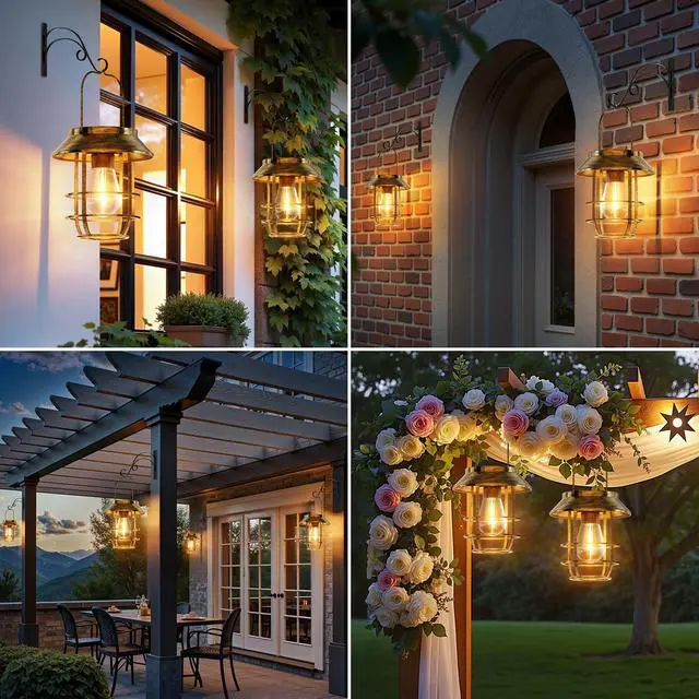 Alt view image 5 of 7 - 2 Pack Solar Lanterns Outdoor Waterproof, High Brightness Hanging Solar Lights for Outside with Wall Hooks, Retro Metal Outdoor Lanterns Auto On/Off for Garden, Porch, Patio, Yard Decor