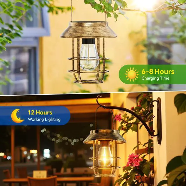 Alt view image 4 of 7 - 2 Pack Solar Lanterns Outdoor Waterproof, High Brightness Hanging Solar Lights for Outside with Wall Hooks, Retro Metal Outdoor Lanterns Auto On/Off for Garden, Porch, Patio, Yard Decor