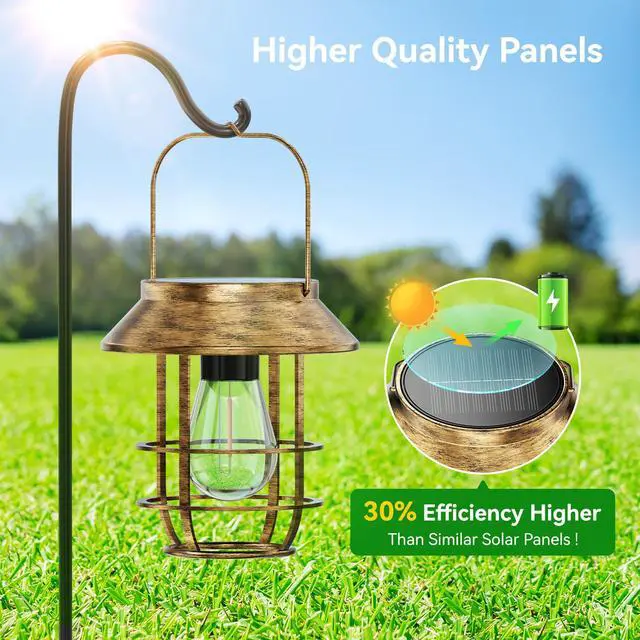 Alt view image 6 of 7 - 2 Pack Solar Lanterns Outdoor Waterproof, High Brightness Hanging Solar Lights for Outside with Wall Hooks, Retro Metal Outdoor Lanterns Auto On/Off for Garden, Porch, Patio, Yard Decor