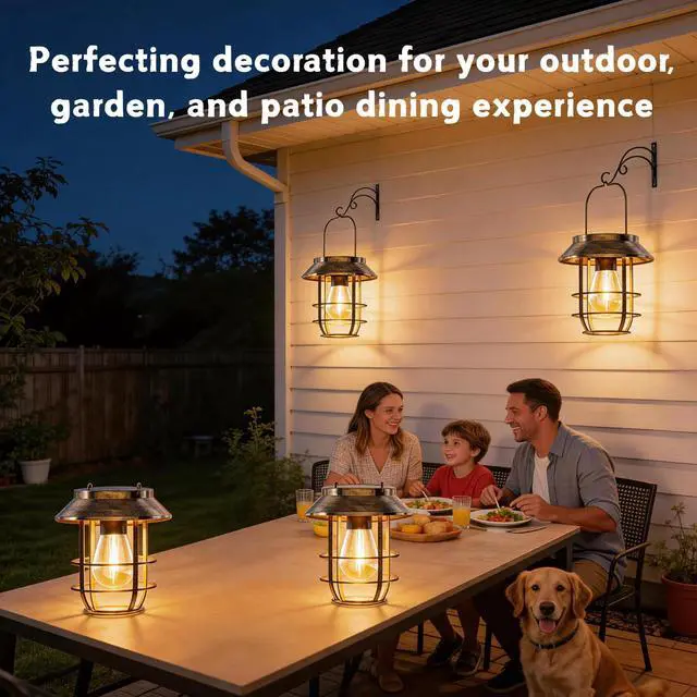 Alt view image 7 of 7 - 2 Pack Solar Lanterns Outdoor Waterproof, High Brightness Hanging Solar Lights for Outside with Wall Hooks, Retro Metal Outdoor Lanterns Auto On/Off for Garden, Porch, Patio, Yard Decor