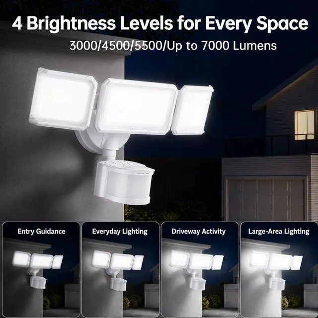 Alt view image 2 of 7 - LED Security Light 240° Dual PIR 100 FT Motion Sensor Outdoor | 7000LM Adjustable Brightness, Hardwired Flood Light, 5000K Daylight, Dusk to Dawn, IP65, Easy Install, Garage, Porch, Yard