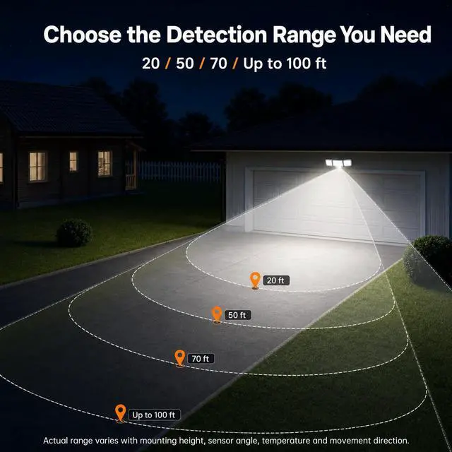 Alt view image 4 of 7 - LED Security Light 240° Dual PIR 100 FT Motion Sensor Outdoor | 7000LM Adjustable Brightness, Hardwired Flood Light, 5000K Daylight, Dusk to Dawn, IP65, Easy Install, Garage, Porch, Yard