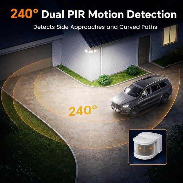 Alt view image 3 of 7 - LED Security Light 240° Dual PIR 100 FT Motion Sensor Outdoor | 7000LM Adjustable Brightness, Hardwired Flood Light, 5000K Daylight, Dusk to Dawn, IP65, Easy Install, Garage, Porch, Yard
