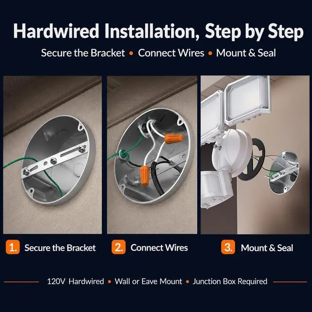 Alt view image 7 of 7 - LED Security Light 240° Dual PIR 100 FT Motion Sensor Outdoor | 7000LM Adjustable Brightness, Hardwired Flood Light, 5000K Daylight, Dusk to Dawn, IP65, Easy Install, Garage, Porch, Yard