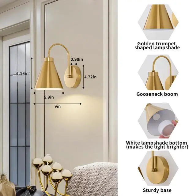 Alt view image 2 of 7 - Vintage Rechargeable Wall Sconces Set of 2, Gold Battery Operated Bedside Wall Lamps with Remote Control, Wireless Gooseneck Indoor LED Lights Fixture for Bedroom Hallway