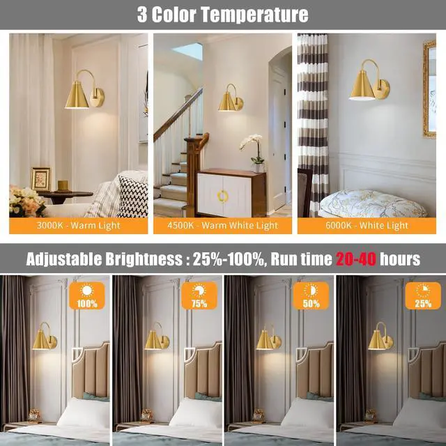 Alt view image 3 of 7 - Vintage Rechargeable Wall Sconces Set of 2, Gold Battery Operated Bedside Wall Lamps with Remote Control, Wireless Gooseneck Indoor LED Lights Fixture for Bedroom Hallway