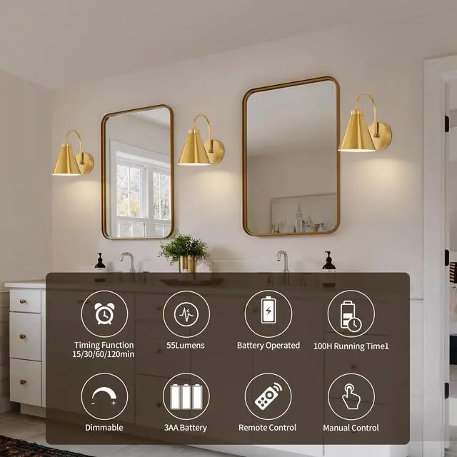 Alt view image 4 of 7 - Vintage Rechargeable Wall Sconces Set of 2, Gold Battery Operated Bedside Wall Lamps with Remote Control, Wireless Gooseneck Indoor LED Lights Fixture for Bedroom Hallway