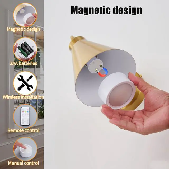 Alt view image 6 of 7 - Vintage Rechargeable Wall Sconces Set of 2, Gold Battery Operated Bedside Wall Lamps with Remote Control, Wireless Gooseneck Indoor LED Lights Fixture for Bedroom Hallway