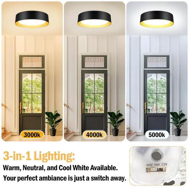Alt view image 3 of 7 - Flush Mount Ceiling Light, 13in Modern Ceiling Light 3/4/5000K | 25W Bathroom Ceiling Light Fixture, Dimmable LED Flush Mount Light for Bedroom, Hallway, Entryway and Kitchen, Black & Gold